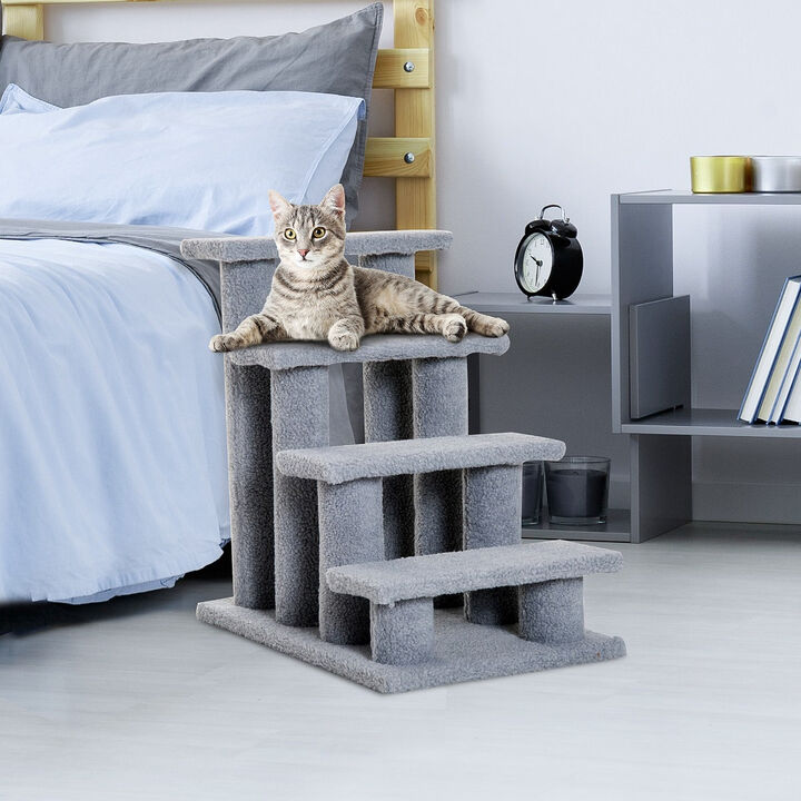 Gray Feline Climber: 25" 4-Step Carpeted Cat Stairs with Toy