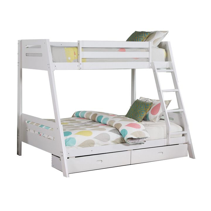 Emily Twin Over Full Bunk Bed with Ladder, 2 Drawers, White Solid Wood
