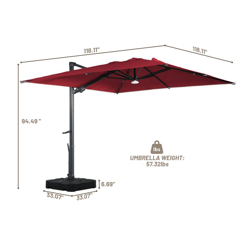 10 ft 360° Rotation Square Cantilever Patio Umbrella with BaseandBT in Red