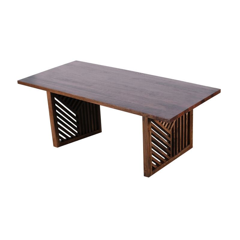 Rise 76 Inch Dining Table, Rectangular Top, Patterned Base, Brown Wood - Benzara