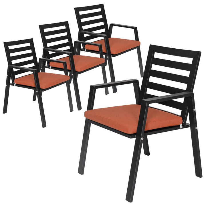 LeisureMod Chelsea Modern Patio Dining Armchair in Aluminum with Removable Cushions Set of 4 in Blue
