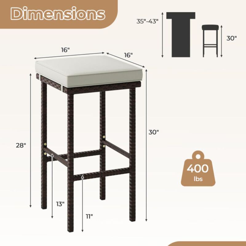 Hivvago Patio Wicker Bar Stools Set of 2 with Seat Cushions and Footrest