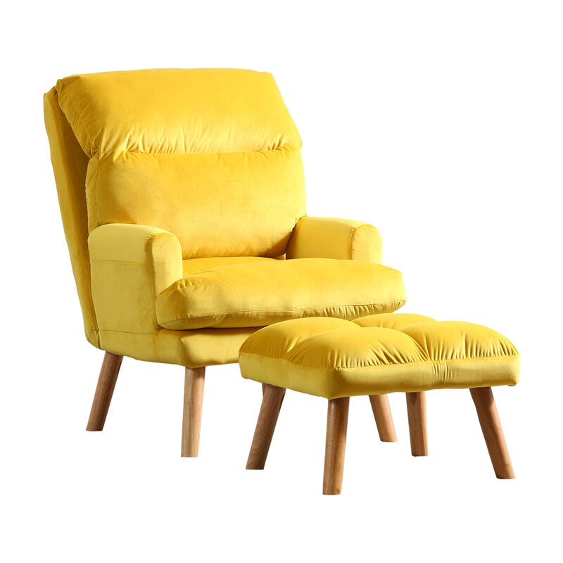 Nina 28 Inch 2 Piece Accent Chair and Ottoman Set, Splayed Legs, Yellow -Benzara