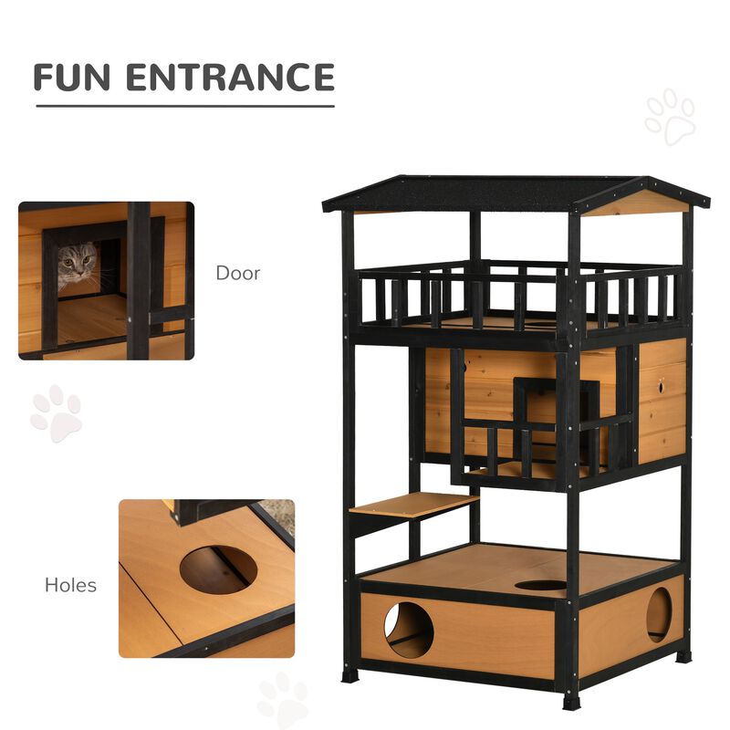Yellow Wooden Cat Condo: Outdoor Kitten Tree with Escape Doors