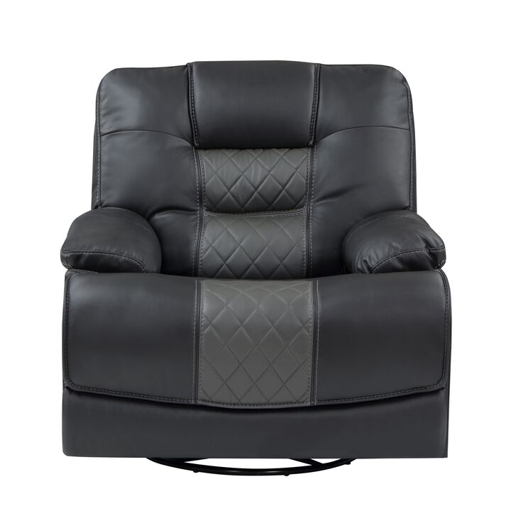 Liam 39 Inch Manual Swivel Glider Recliner Chair, Gray Faux Leather, Wood - Benzara