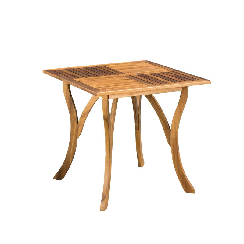 Olen Outdoor Dining Table, Slatted Square 32 Inch, Brown Acacia Wood - Benzara