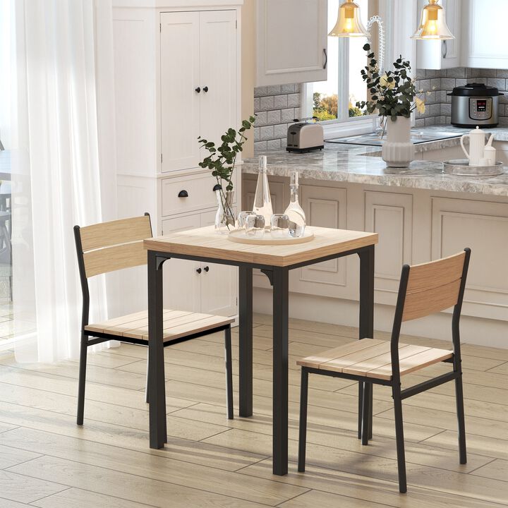 Compact Wood/Steel Dining: 3-Piece Set with Wood Grain Table & 2 Black Chairs