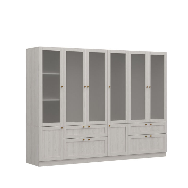 FUFU&GAGA Modern White Wardrobe with Frosted Glass Doors, Gold Accents, 4 Drawers, and Hanging Rail – Customizable L-Shape/U-Shape Closet System, (94.5" L x 19.9" W x 70.9" H),White
