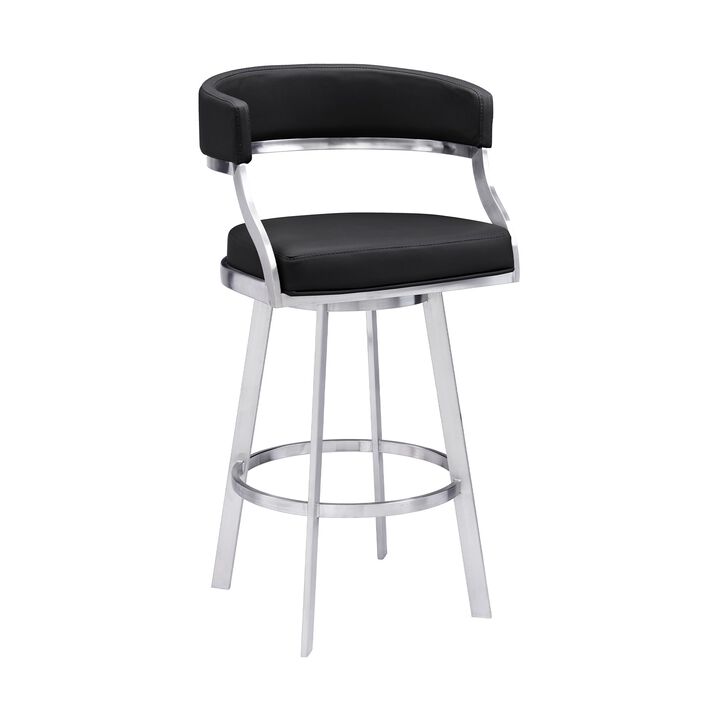 26 Inch Curved Seat Leatherette Swivel Barstool, Silver and Black-Benzara