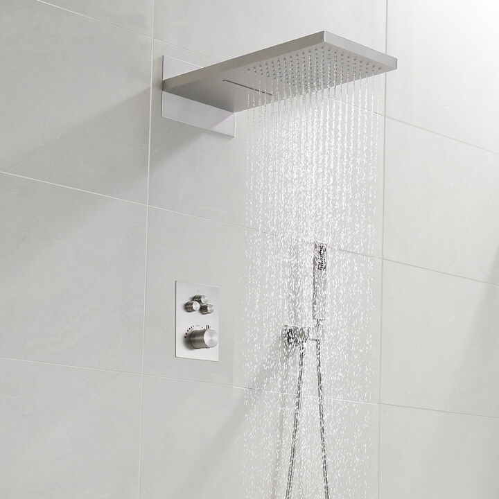Mondawe 2 Functions 3-Spray Patterns Wall Mounted Luxury Thermostatic Shower System with Rough-in Valve in Matte Black
