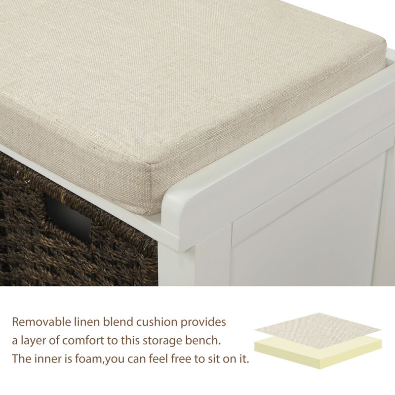 Rustic Storage Bench With 3 Removable Classic Rattan Basket, Entryway Bench