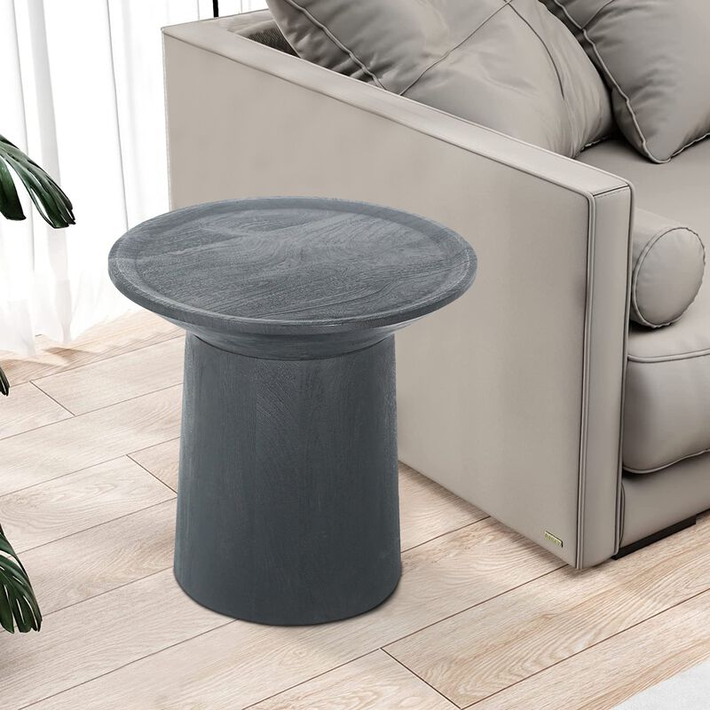 Benjara 20 Inch Side End Table, Round Mango Wood Top, Cylindrical Base, Matte Black