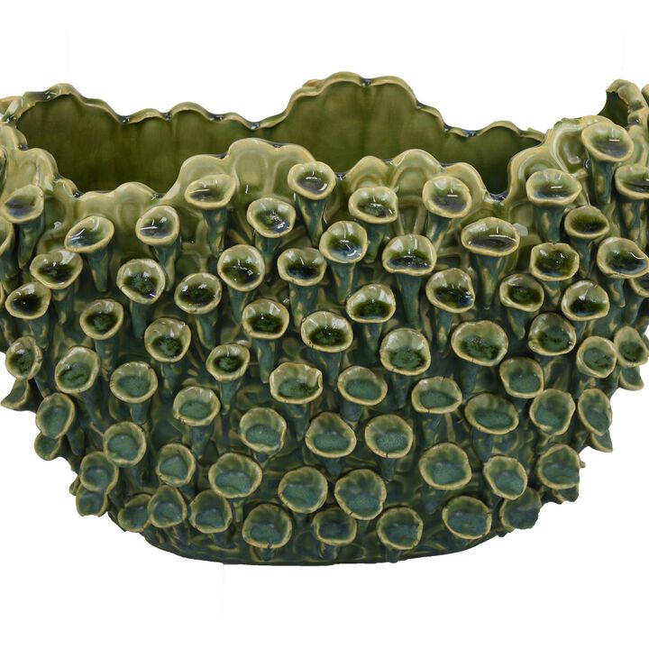 Nina Decorative Bowl, Textured Green Ceramic, Abstract Coral 14 Inch - Benzara