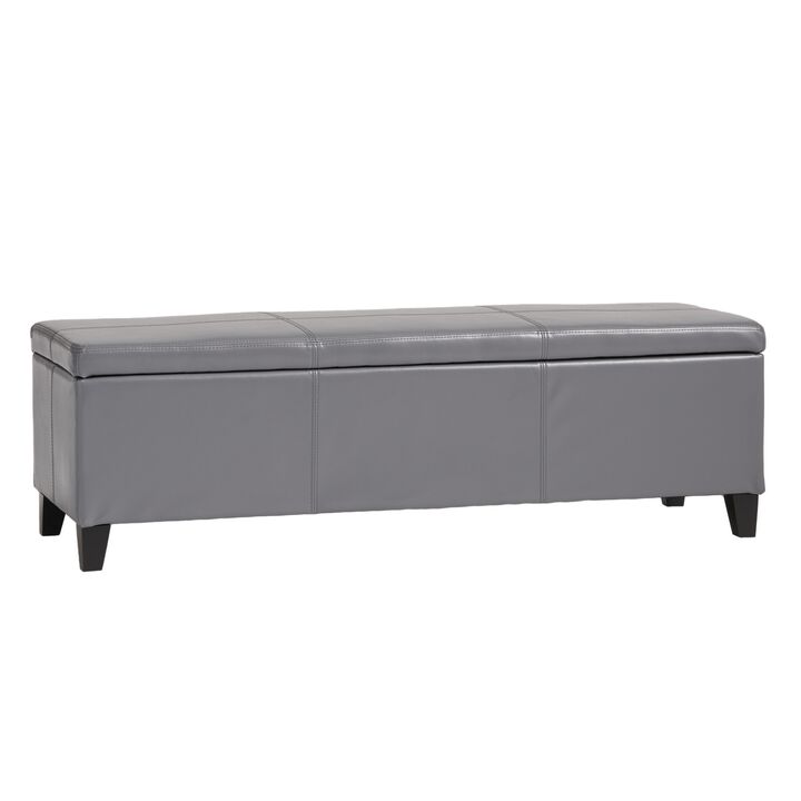 Elias Storage Ottoman Bench, Gray Faux Leather, Stitch Detail, 51 Inch -Benzara
