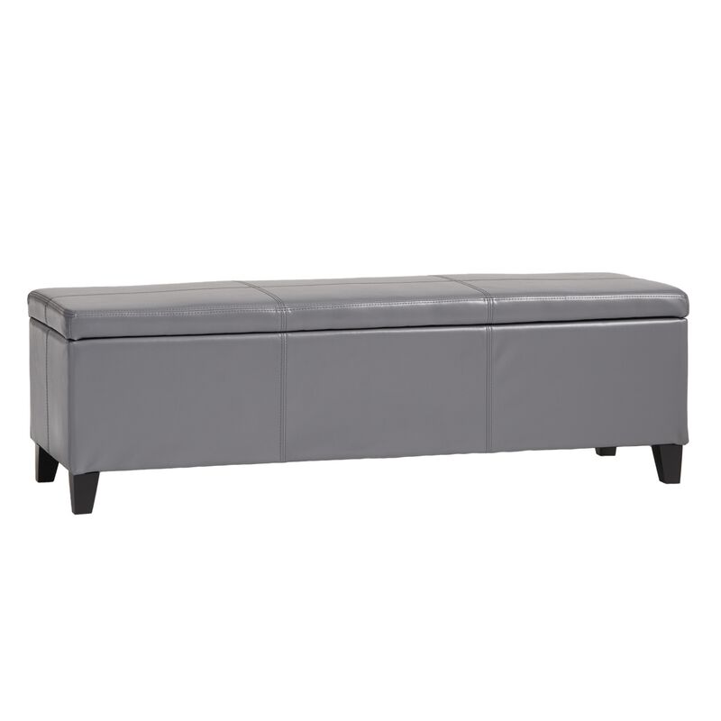 Elias Storage Ottoman Bench, Gray Faux Leather, Stitch Detail, 51 Inch -Benzara