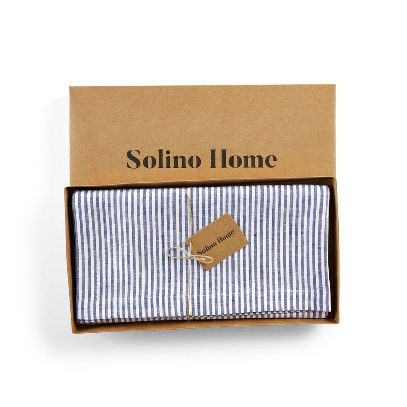 Solino Home 100% Pure Linen Table Throw 52 x 52 Inch | Narrow Stripe for Thanksgiving, Christmas