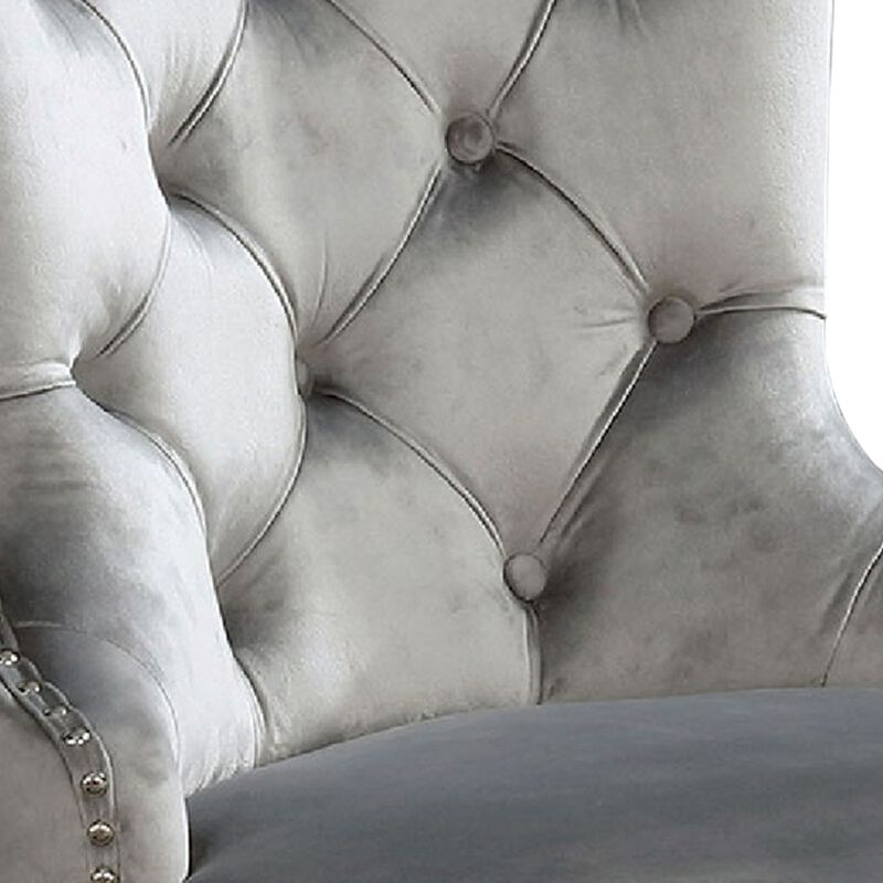 24 Inch Dining Side Chair Set of 2, Tufted Silver Gray Fabric, Chrome legs - Benzara