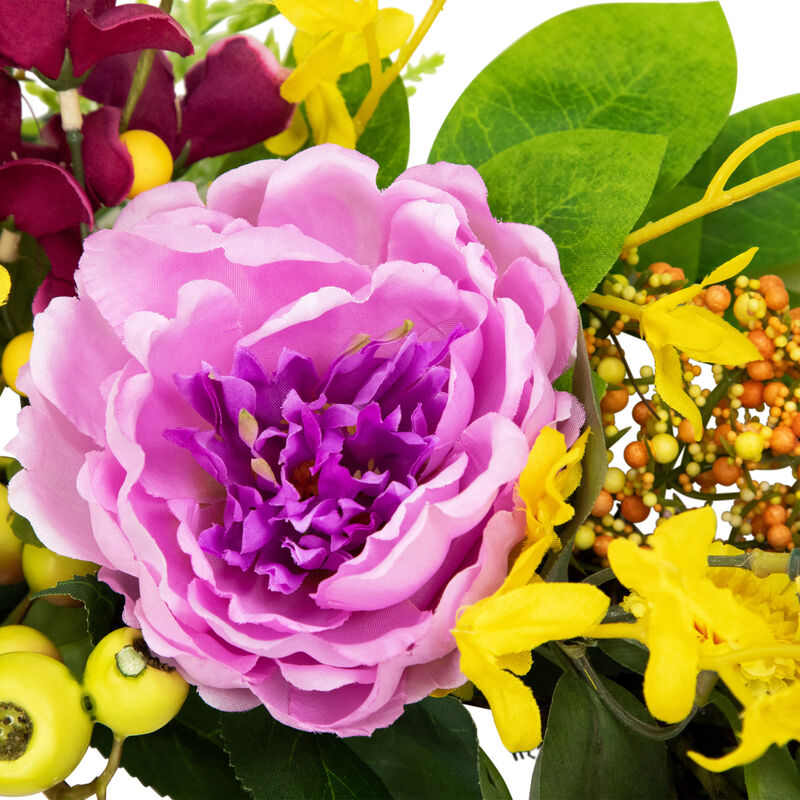 Peonies and Forsythia Spring Wreath - 24" - Yellow and Purple