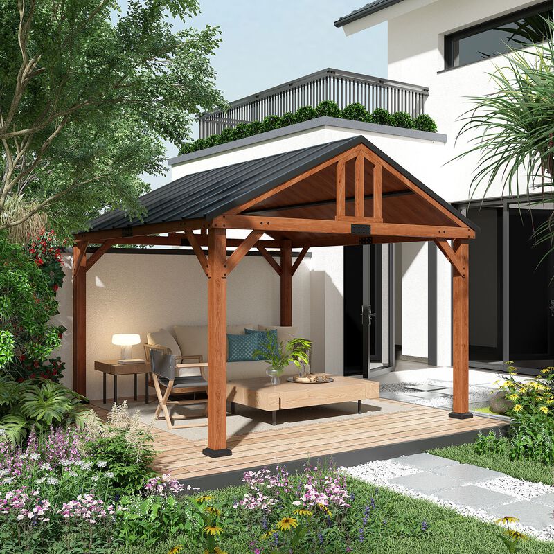 Brown Garden Pavilion: 12'x11' Hardtop Gazebo with Wooden Frame