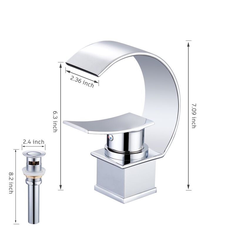 Mondawe Luxury C-Shape Arc Waterfall Spout Single Handle 8 inch Widespread Bathroom Sink Faucet With Pop-up Drain in Chrome