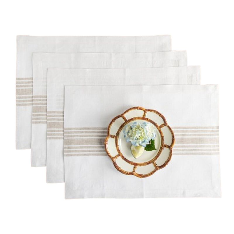 Solino Home 100% Pure Linen Stripe Placemats 14 x 19 Inch Set of 4 | Farmhouse