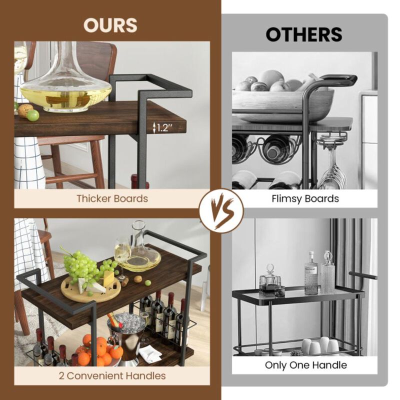 Hivvago 2-Tier Home Bar Cart with Lockable Wheels and Heavy-Duty Metal Frame-Rustic Brown
