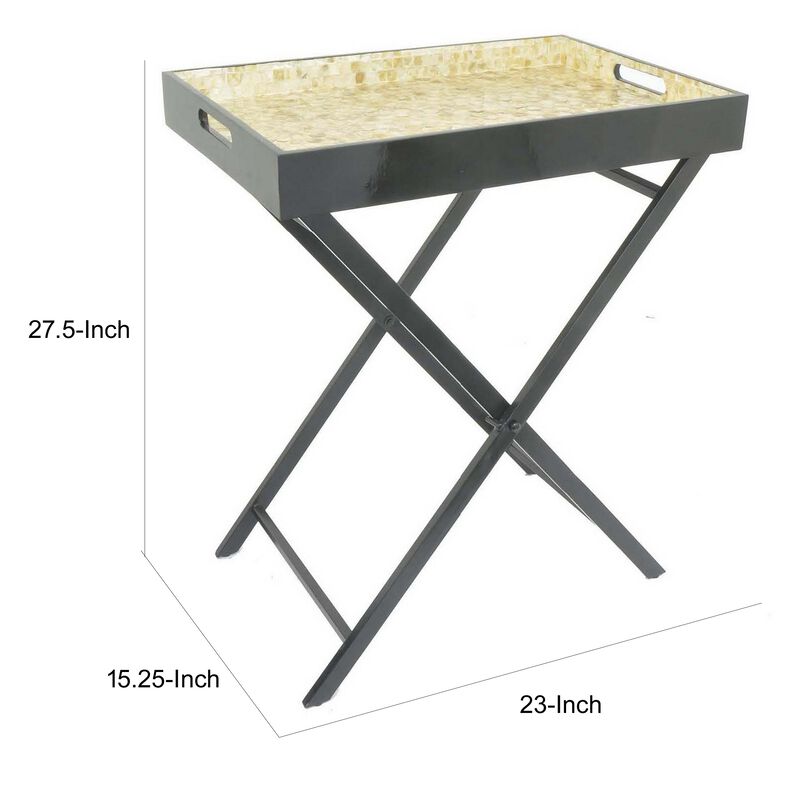 Dain 28 Inch Serving Tray Table, Foldable, Black Metal Stand, Multicolor - Benzara