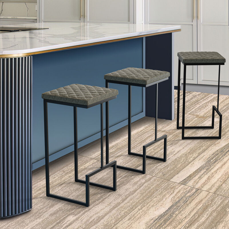 LeisureMod Bar Stool Upholstered in Leather with Diamond-Shaped Stitch Design and Powder-Coated Metal Sled Base for Modern Home, Kitchen, Bars Quincy Collection