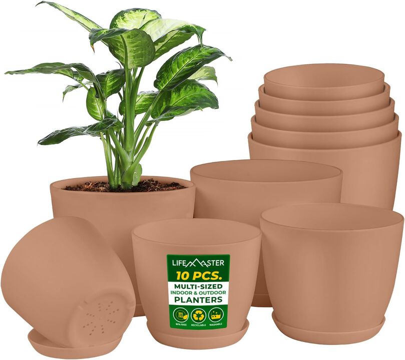 Planter Pots with Drainage Holes - Lightweight, Durable, and Space-Saving Pots for Indoor and Outdoor - Versatile Functionality, Simple Modern Design, Plastic Planter Pots