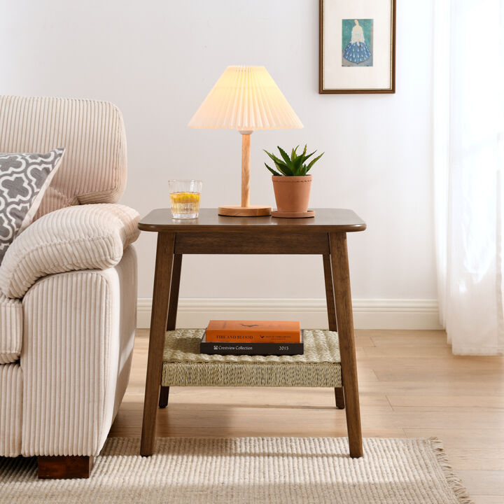 Boho Mid-Century Woven Side Table with Storage