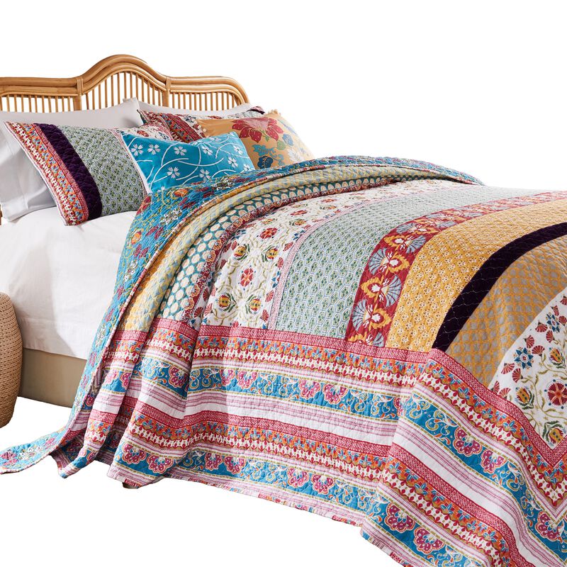 Ello 3pc King Bedspread and Pillow Sham Set, Red Blue Bohemian Stripes