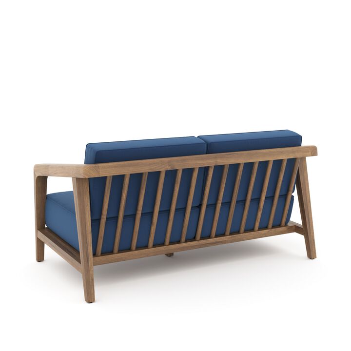 Nea Outdoor Loveseat, Dark Blue, Natural Brown Acacia Wood 55 Inch - Benzara