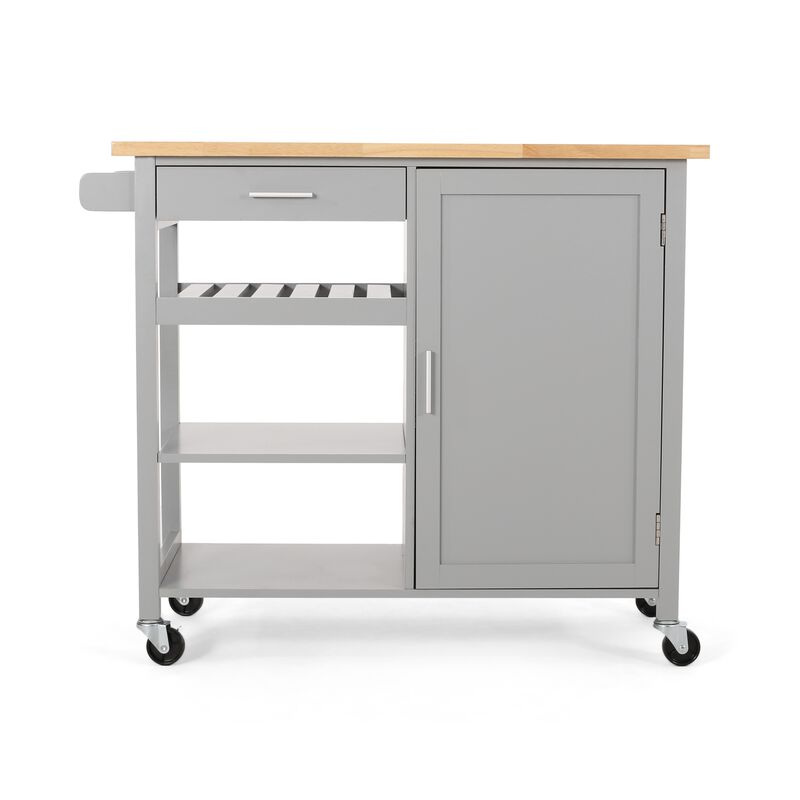 Alex Rolling Kitchen Bar Cart, 3 Shelves, 1 Cabinet, Brown Wood, Gray - Benzara