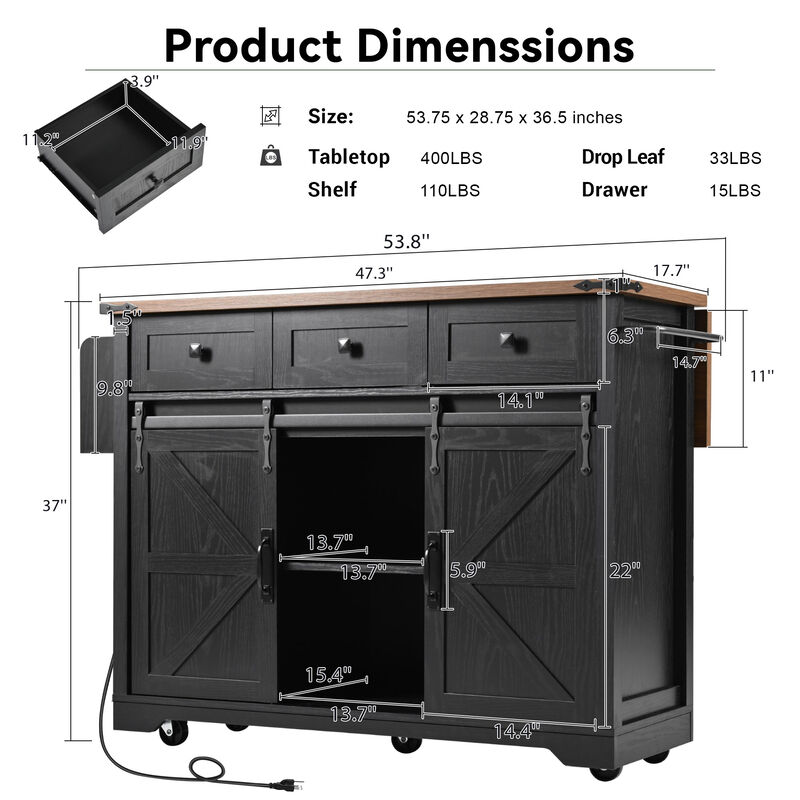 Merax Farmhouse Kitchen Island with Power Outlet
