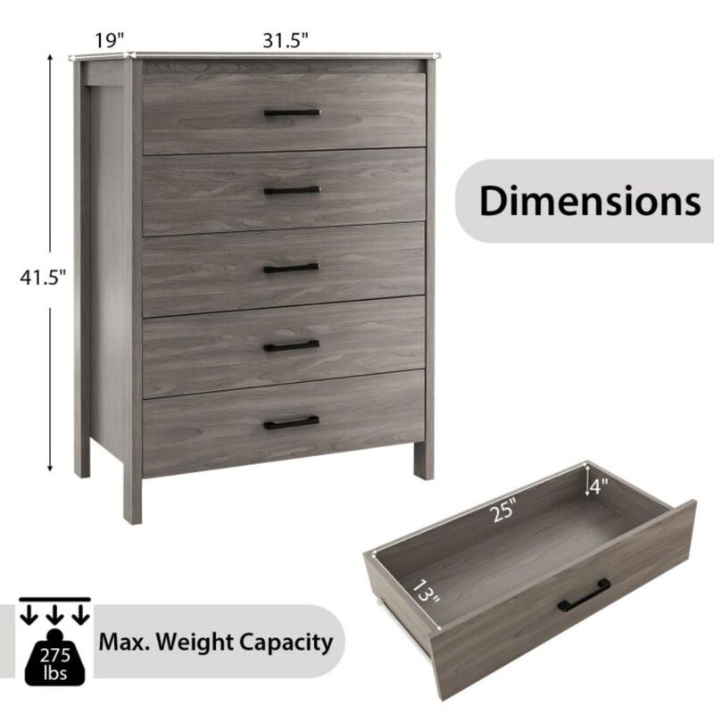 Hivvago Modern 5-Drawer Multipurpose Chest Dresser with Metal Handles-Grey