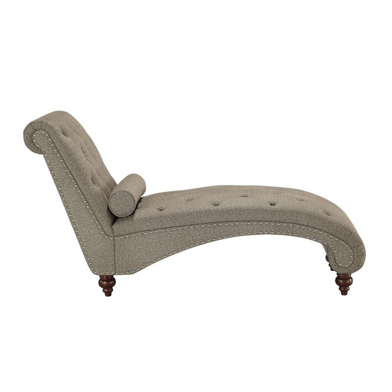 Amey 69 Inch Chaise Lounger, Solid Wood, Rolled Button Tufted Gray Fabric - Benzara