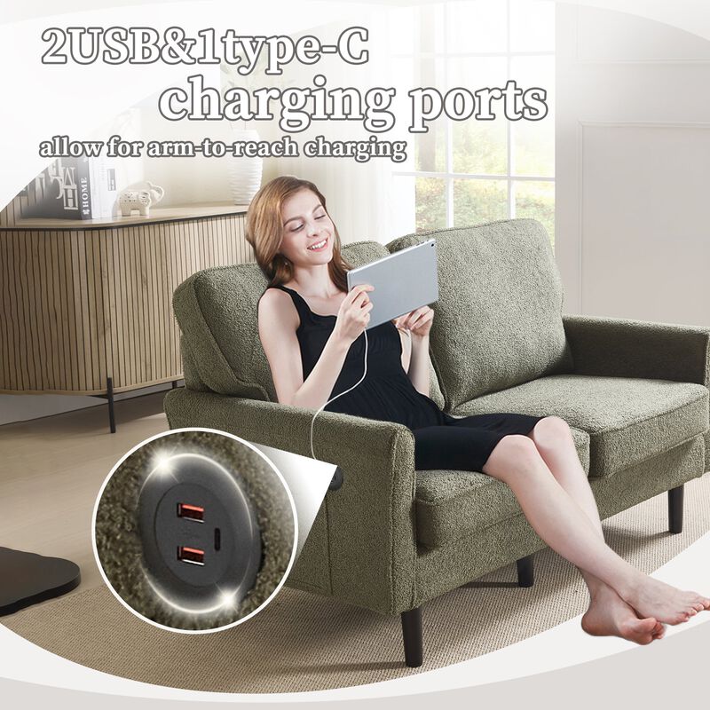 Mondawe Bouclé Loveseat Sofa, 2 Seater Small Sofa Couches with USB & Removable Pillow Cover