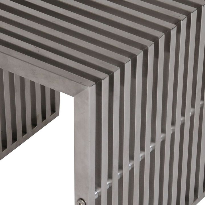 Meza 17 Inch Accent Stool, Waterfall Silver Slatted Panel Frame - Benzara