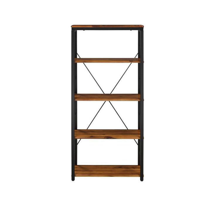Industrial Bookshelf with 4 Shelves and Open Metal Frame, Brown and Black-Benzara