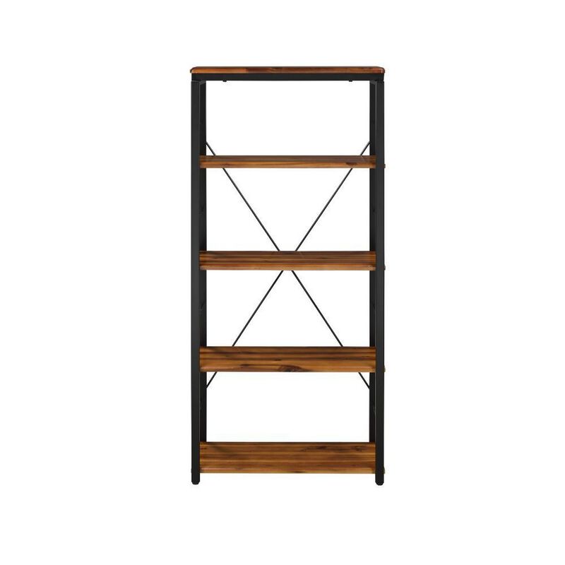 Industrial Bookshelf with 4 Shelves and Open Metal Frame, Brown and Black-Benzara