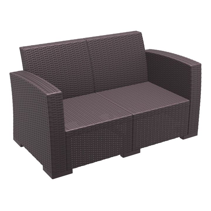 55" White Outdoor Patio Loveseat with Natural Beige Sunbrella Cushion