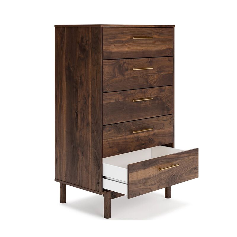 Kip 50 Inch 5 Drawer Modern Tall Dresser Chest, Dark Brown, Gold Handles-Benzara