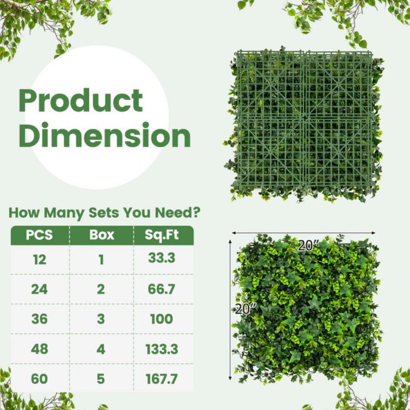 Hivvago 12 Pieces 20 x 20 Inch Artificial Greenery Foliage Panels with Insertable Branches