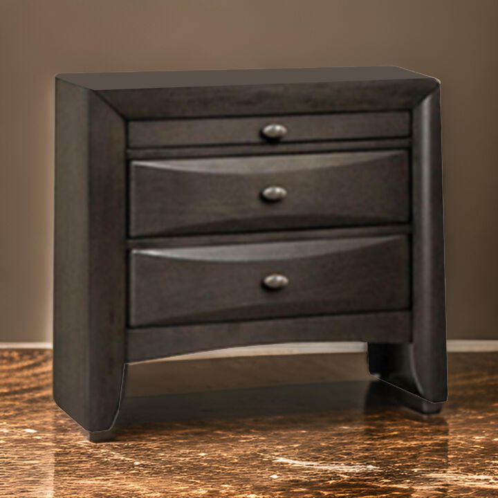 Simo Nightstand, Spacious Top, Metal Knobs, 3 Drawers, Gray Solid Wood
