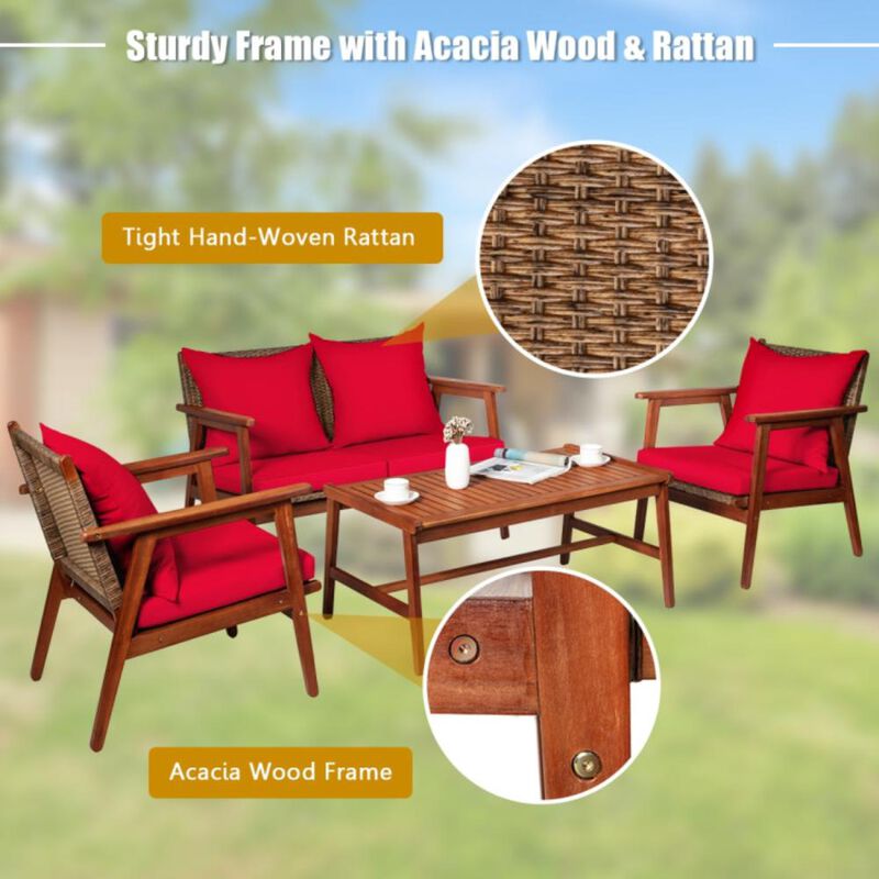 Hivvago 4 Pieces Acacia Wood Patio Rattan Furniture Set with Zippered Cushions