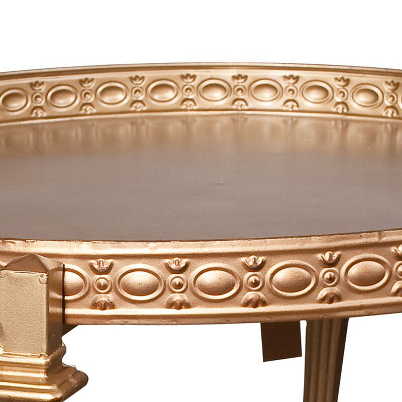 32 Inch Metal Cocktail Table, Circular Pattern Edged Round Top, Copper-Benzara