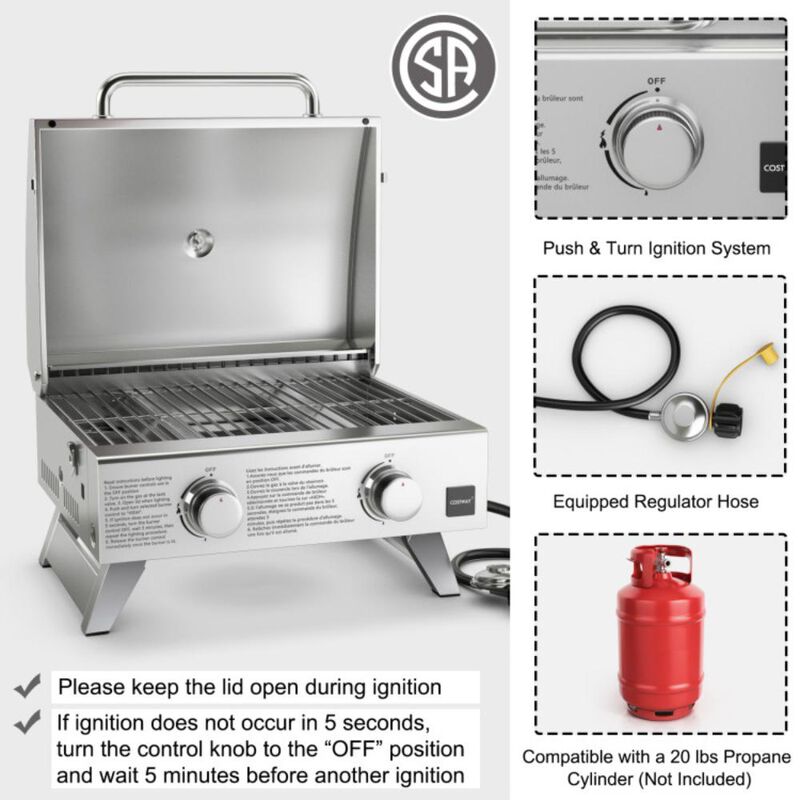 Costway Stainless Steel Propane Grill with Lid for Outdoor Camping Tailgating Picnic Party-Silver