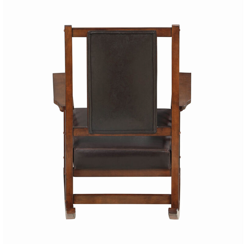 Mission Style Rocking Chair, Leather Upholstered Seat & Back, Tobacco and Dark Brown-Benzara