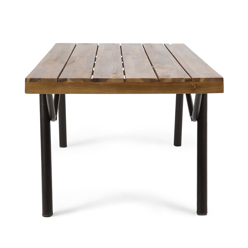 Patio Coffee Table, Slatted Top, Brown Iron, 50 Inch Teak Brown Acacia - Benzara