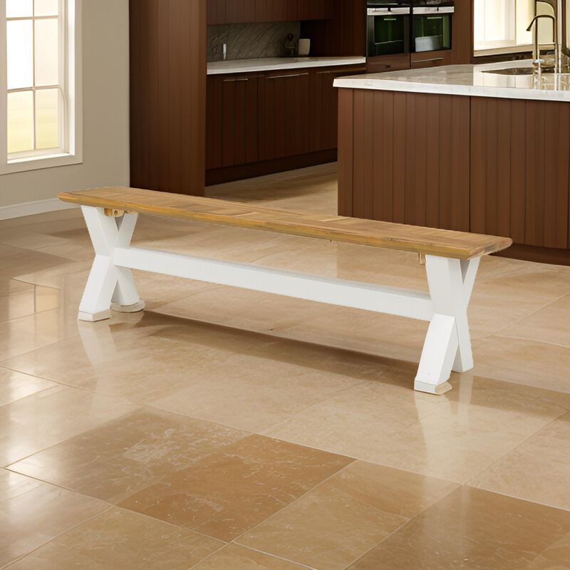 70 Inch Dining Bench, White X Leg Trestle Base, Acacia Wood, Brown Seat - Benzara